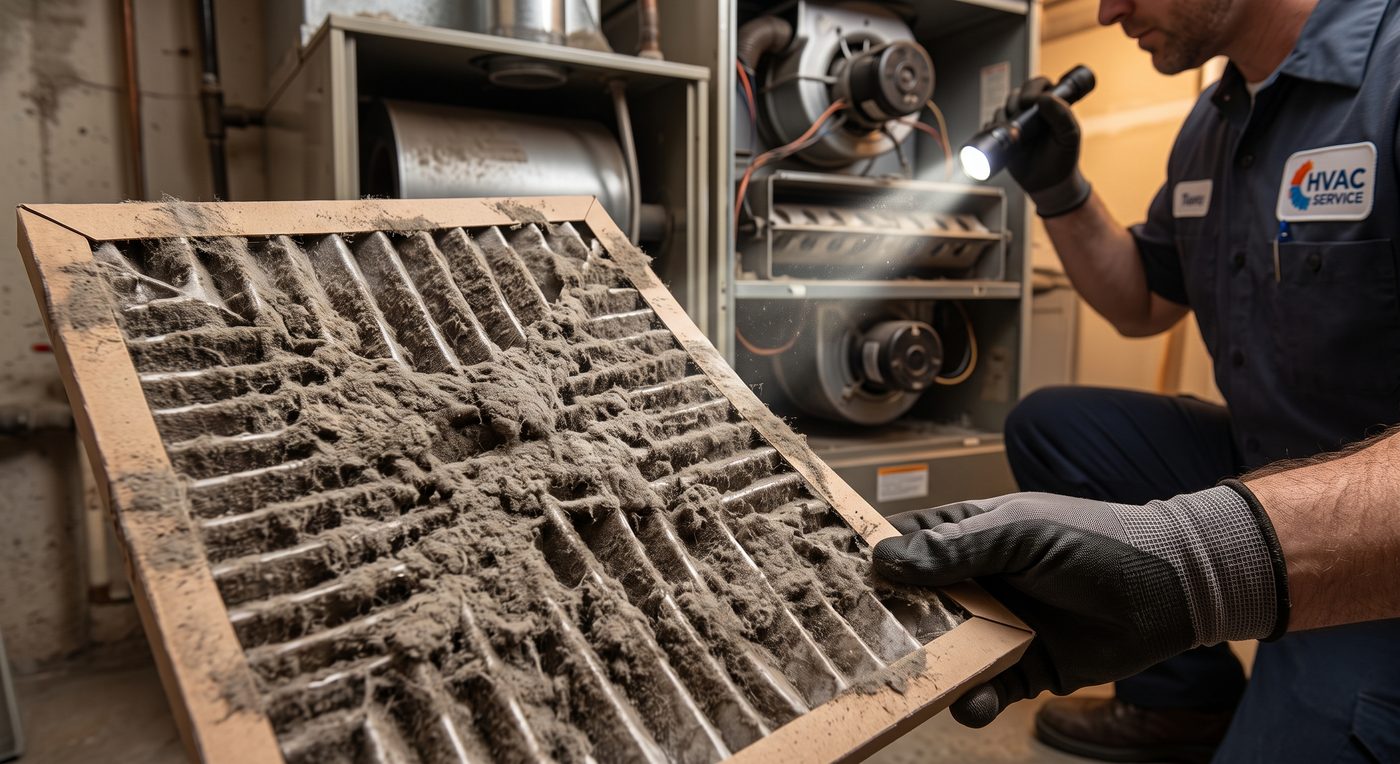 A pleated furnace filter caked grey with matted dust and lint, held up in front of the furnace it was pulled from.