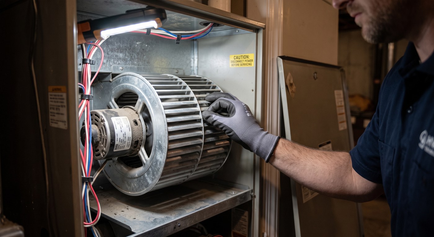 A gloved hand reaching in to turn a furnace blower wheel by hand, with the blower door removed and a work light clipped inside the cabinet.