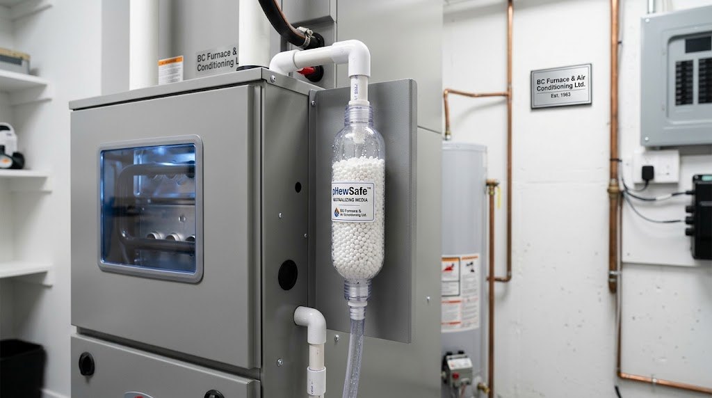 A clear condensate neutralizer cartridge packed with white pellets, mounted on the side of a high-efficiency furnace with PVC drain pipe entering at the top and clear tubing leaving at the bottom.