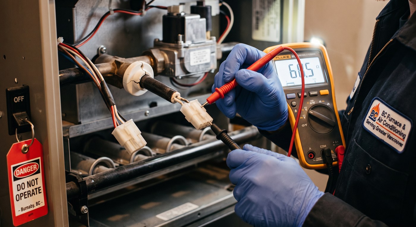 Gloved hands holding multimeter probes across the two terminals of a disconnected ignitor plug, with the furnace switch locked off and a danger tag hanging from it.