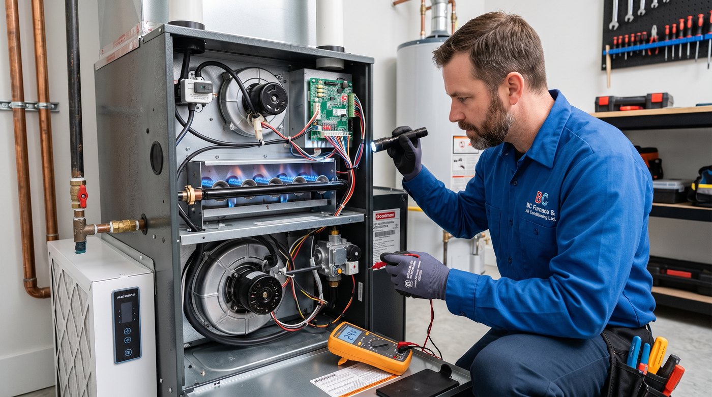 A technician shining a flashlight into an open furnace with its burners lit, holding multimeter probes to the wiring beside the gas valve while the meter rests on the cabinet floor.