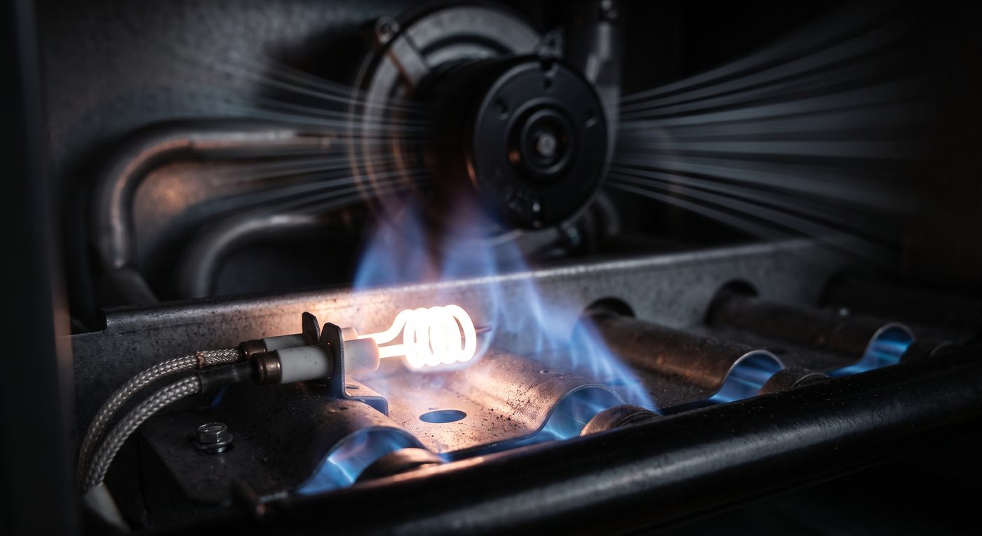 A hot surface ignitor glowing white-hot over a furnace burner tray, blue flames spreading along the burners with the inducer blower turning behind them.