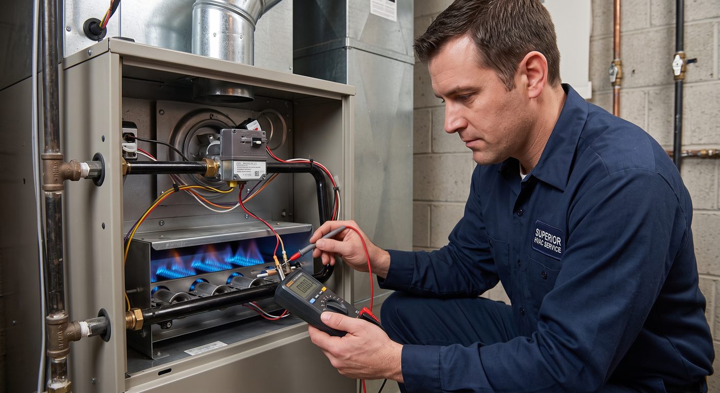 A technician kneeling at an open furnace with its burners lit blue, taking a reading from a digital meter.