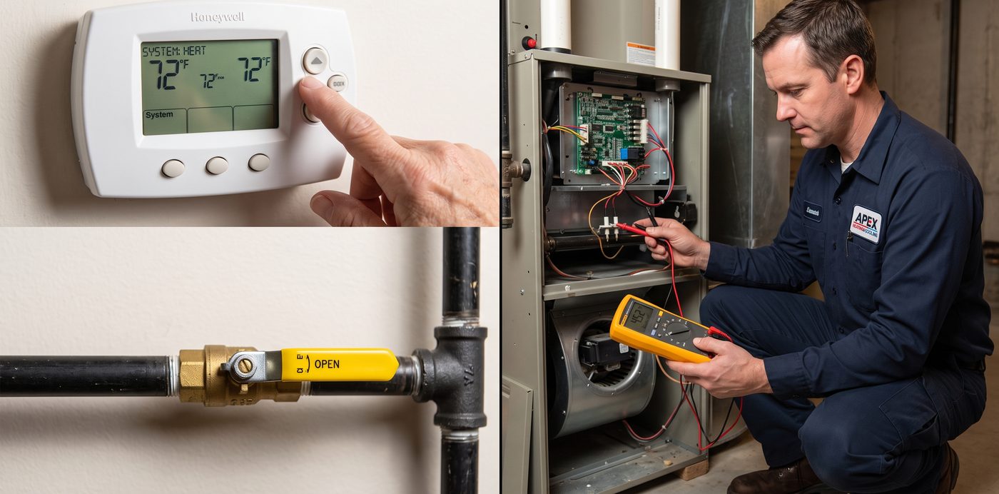 A hand pressing the up button on a wall thermostat set to heat, a yellow-handled gas shut-off valve standing open, and a technician testing an open furnace with a multimeter.