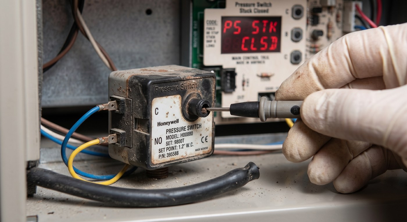 A soot-stained furnace pressure switch with its common and normally open terminals wired, photographed in front of a control board displaying a stuck-closed fault code.