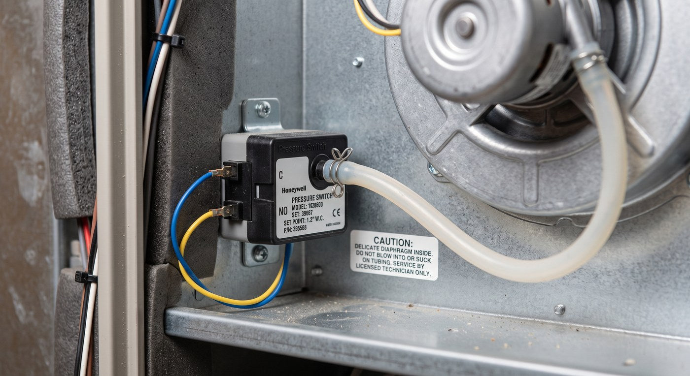 A furnace pressure switch mounted on the cabinet wall with its sensing hose running across to the inducer housing, beside a printed warning not to blow into the tubing.